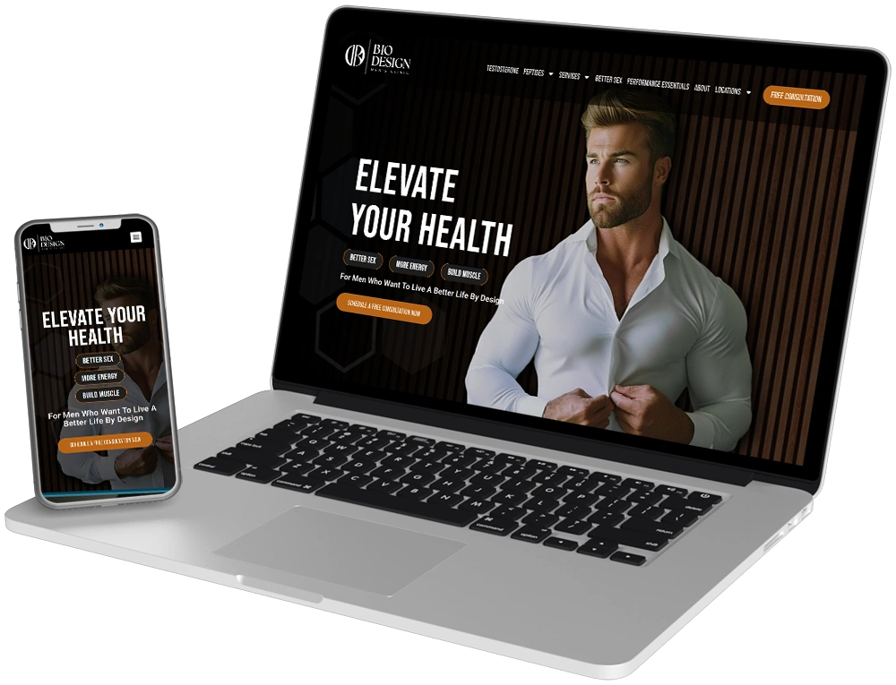 Laptop and smartphone displaying a health-focused website for BioDesign, featuring a muscular man in a white shirt, promoting services for improved well-being and energy.