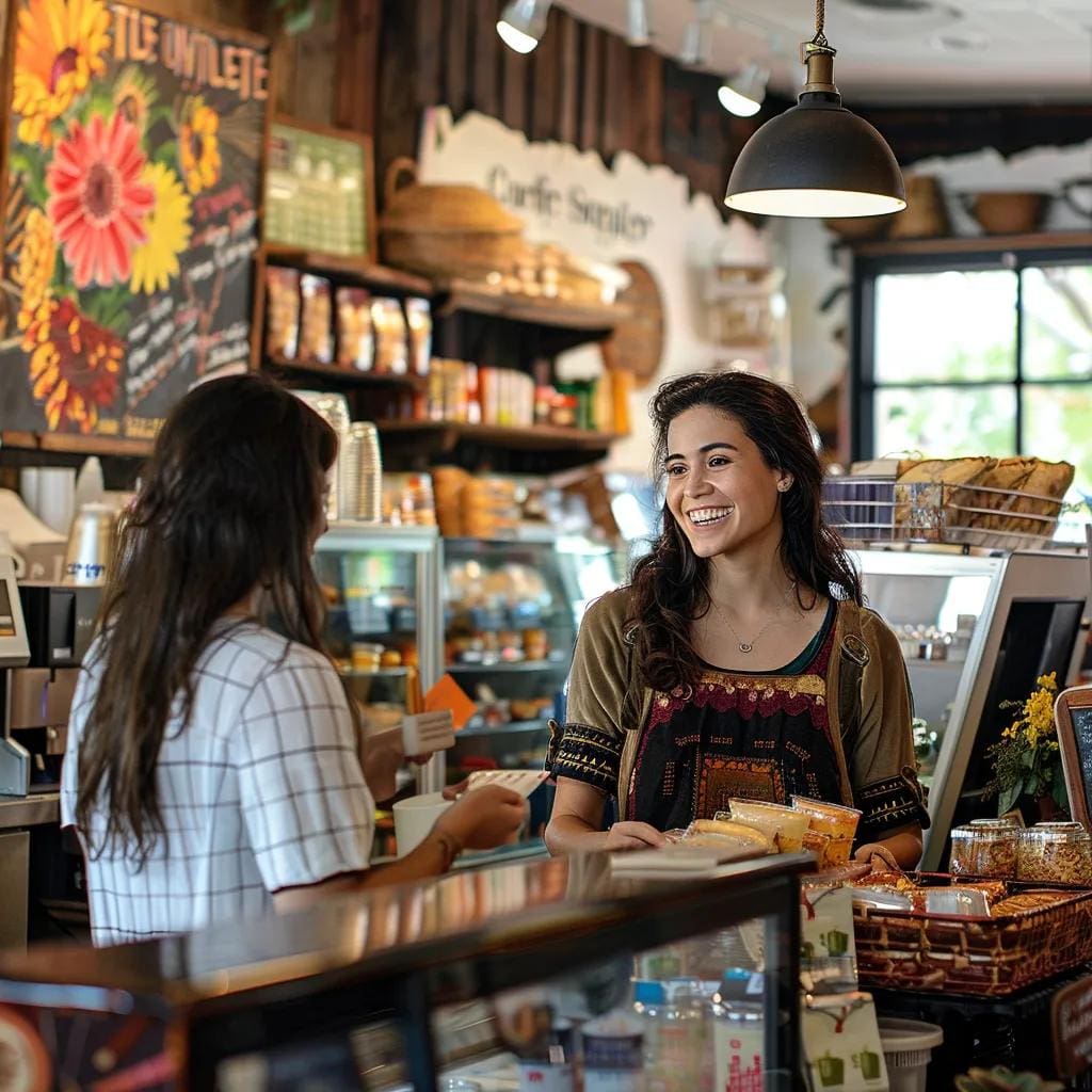 Texas small business owner engaging with customers in a local coffee shop, emphasizing community and local SEO strategies