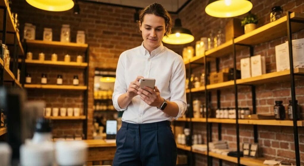 Small business owner optimizing Google My Business on smartphone in a cozy shop