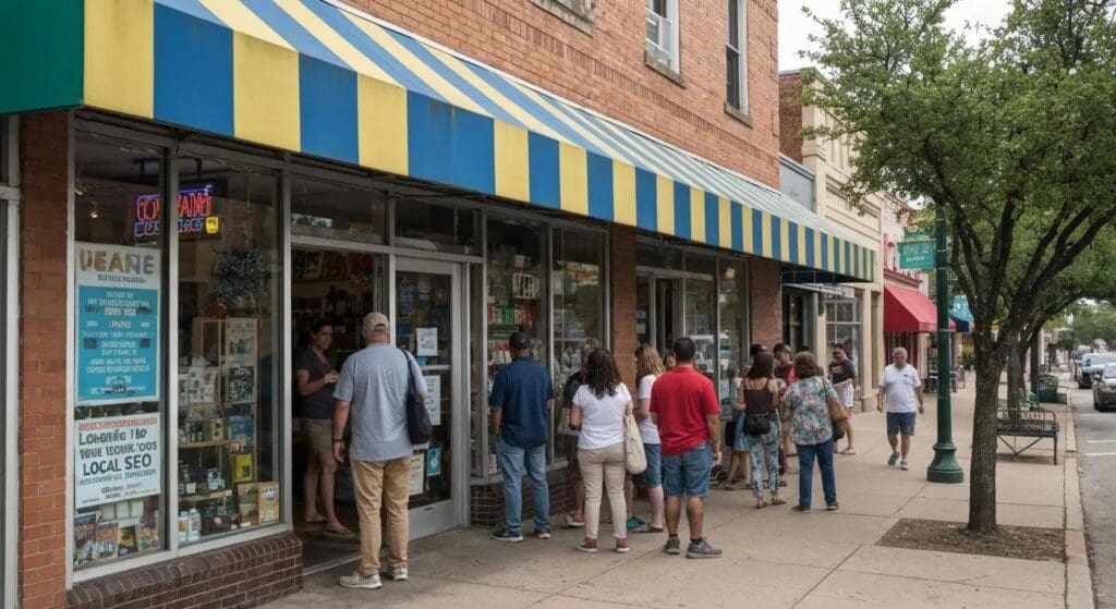 Texas storefront bustling with customers, showcasing the impact of local SEO strategies