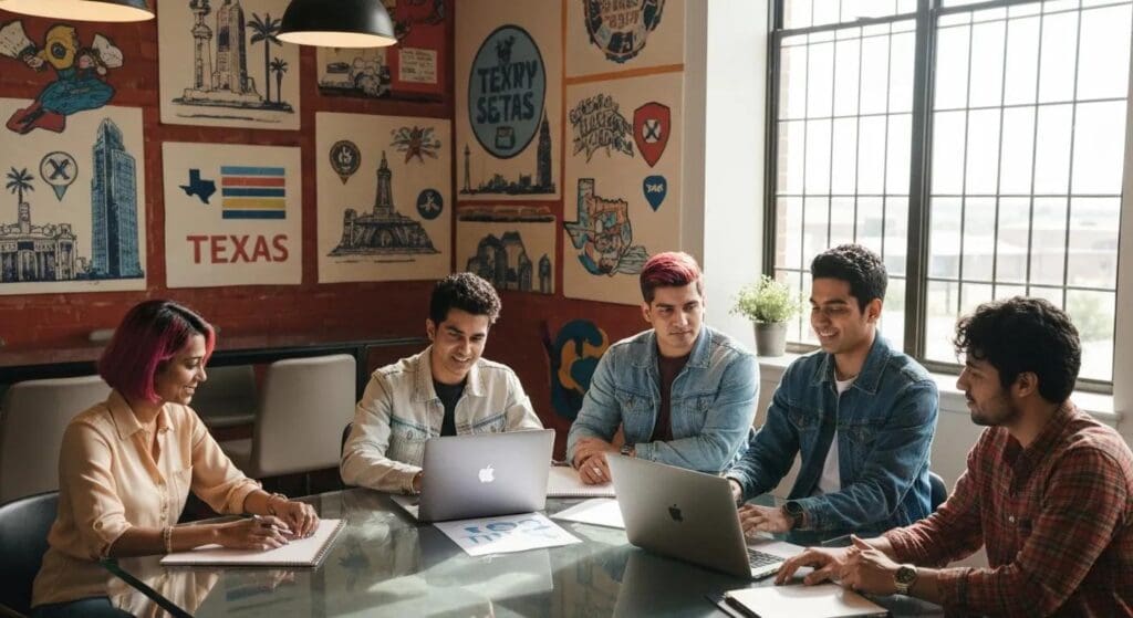 Diverse Texas entrepreneurs collaborating in a modern workspace, showcasing local pride and branding