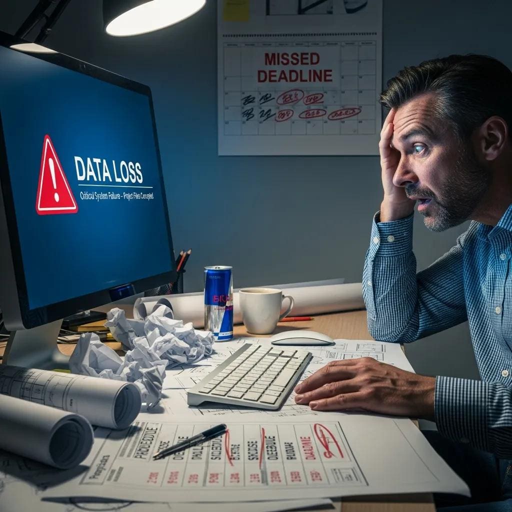 Contractor upset by data loss, surrounded by project documents and missed deadlines