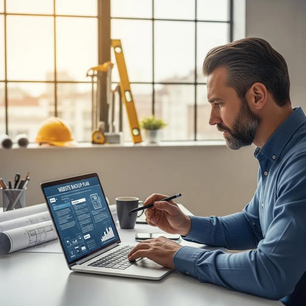 Contractor reviewing website backup plan, emphasizing security and reliability