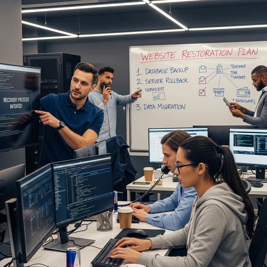 IT team working together on a website restore - fast, coordinated response