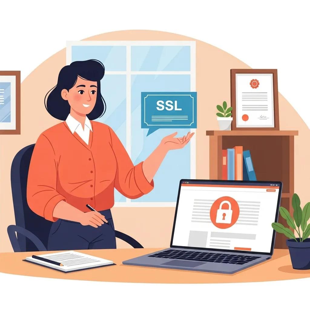 Small business owner managing website security with SSL certificate